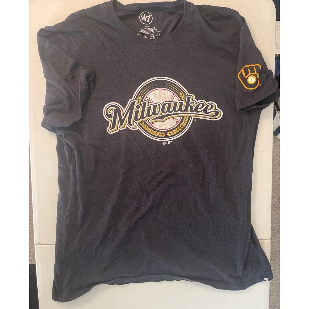 Milwaukee Brewers '47 Brand Brew Crew Cotton Short Sleeve Shirt Blue XL Navy MLB